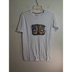 NEW Military Boots American Flag Veteran Army Marines Casual TShirt Hanes Medium